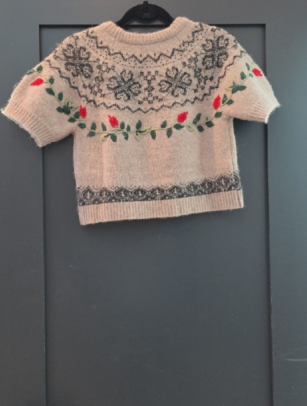 Zara Cream Fair Isle Yoke Short-Sleeve Sweater with Red Floral Trim - Picture 3 of 3